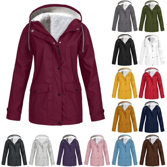 DDAPJ pyju Waterproof Rain Jacket Women Lightweight Hooded Windbreaker Jackets Fall Winter Fleece Lined Raincoat with Pockets Black XXXXL