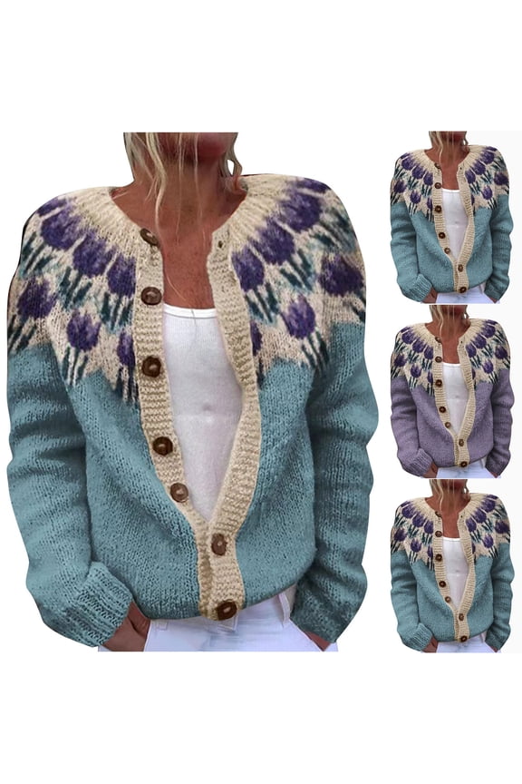 Western Cardigan Sweaters for Women Aztec Print Open Front Knitted Sweater Button Down Long Sleeve Cardigan Outwear Purple XXXL