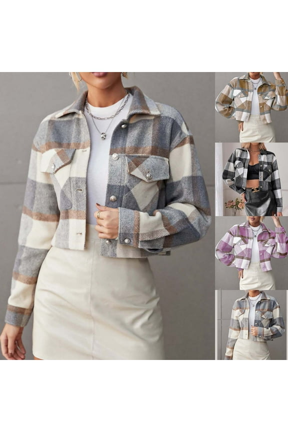 Western Jackets for Women Cropped Shacket Plaid Button Down Shirt Long Sleeve Fall Jackets with Pockets Beige XL
