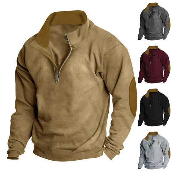 DDAPJ pyju Western Sweatshirts for Men Elbow Patch Long Sleeve Quarter Zip Pullover Loose Casual Polos Sweatshirt Vintage Streetwear Tops Gray XXL