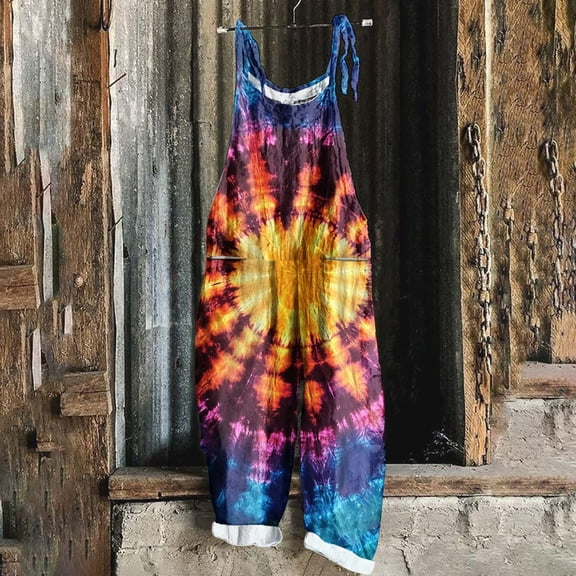 DDAPJ pyju Wide Leg Jumpsuits for Women 2025 Trendy Tie Dye Print Casual Baggy Overalls Summer Linen Beach Rompers Adjustable Strap Long Playsuit Daily Sales Multicolor XXL