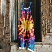 DDAPJ pyju Wide Leg Jumpsuits for Women 2025 Trendy Tie Dye Print Casual Baggy Overalls Summer Linen Beach Rompers Adjustable Strap Long Playsuit Daily Sales Multicolor XXL