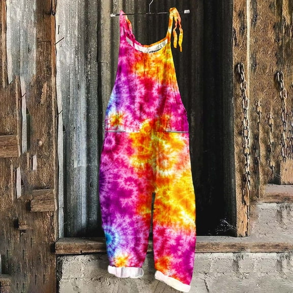 DDAPJ pyju Wide Leg Jumpsuits for Women 2025 Trendy Tie Dye Print Casual Baggy Overalls Summer Linen Beach Rompers Adjustable Strap Long Playsuit Lightning Sales Today Multicolor L