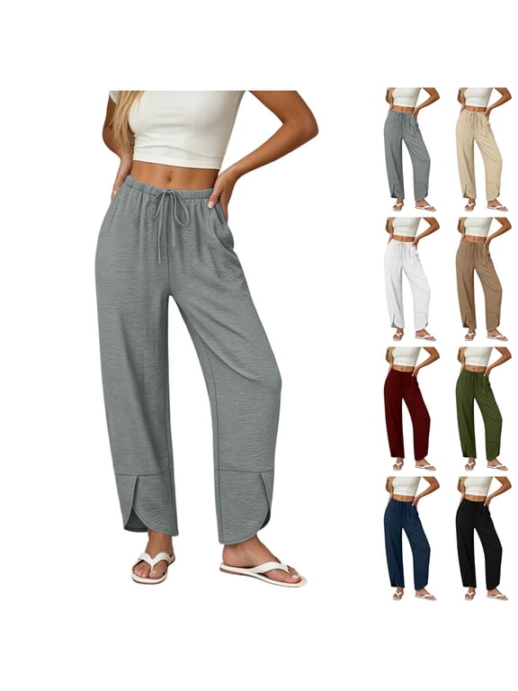 Wide Leg Pants for Women Elastic Waist Drawstring Palazzo Pants Wrap Hem Harem Pants Summer Vacation Trousers with Pockets Blue L
