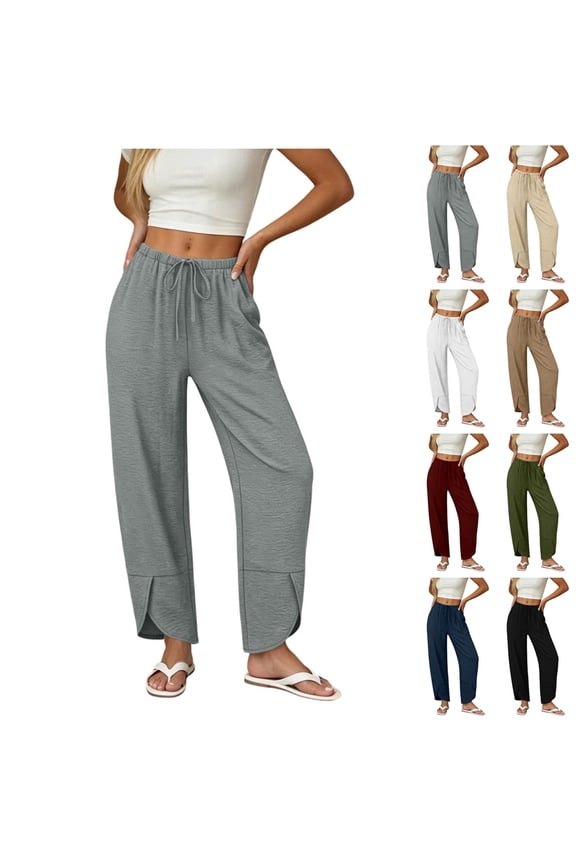 Wide Leg Pants for Women Elastic Waist Drawstring Palazzo Pants Wrap Hem Harem Pants Summer Vacation Trousers with Pockets White S