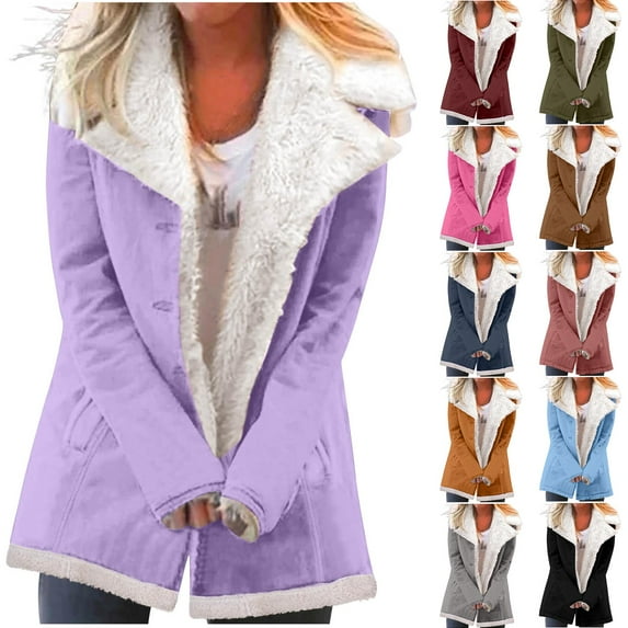 DDAPJ pyju Winter Coat for Women Notch Collar Fleece Lined Trench Coat Button Down Warm Fuzzy Jacket on Clearance Purple S