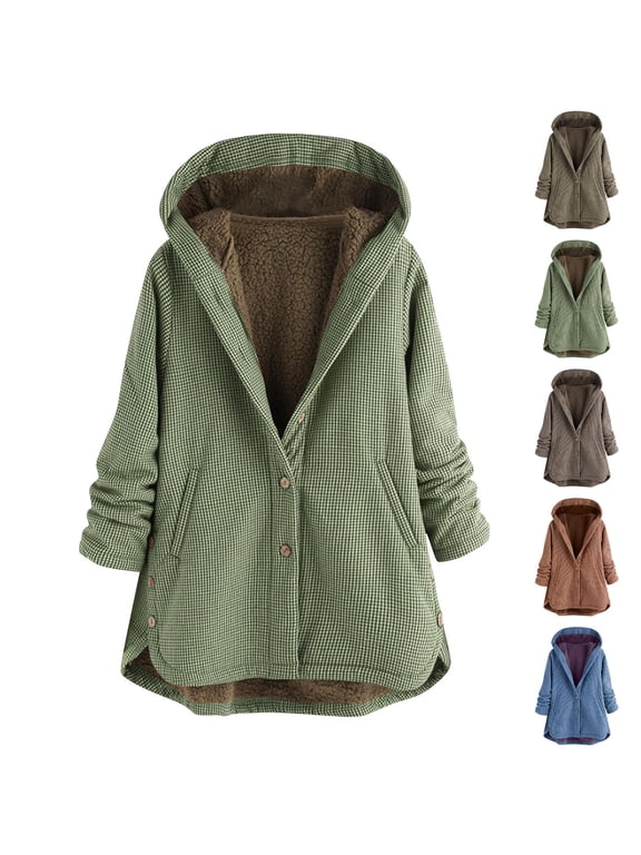 Winter Coats for Women Plus Size Plaid Sharpa Jackets Button Down Fleece Jackets Fuzzy Warm Outerwear Green M