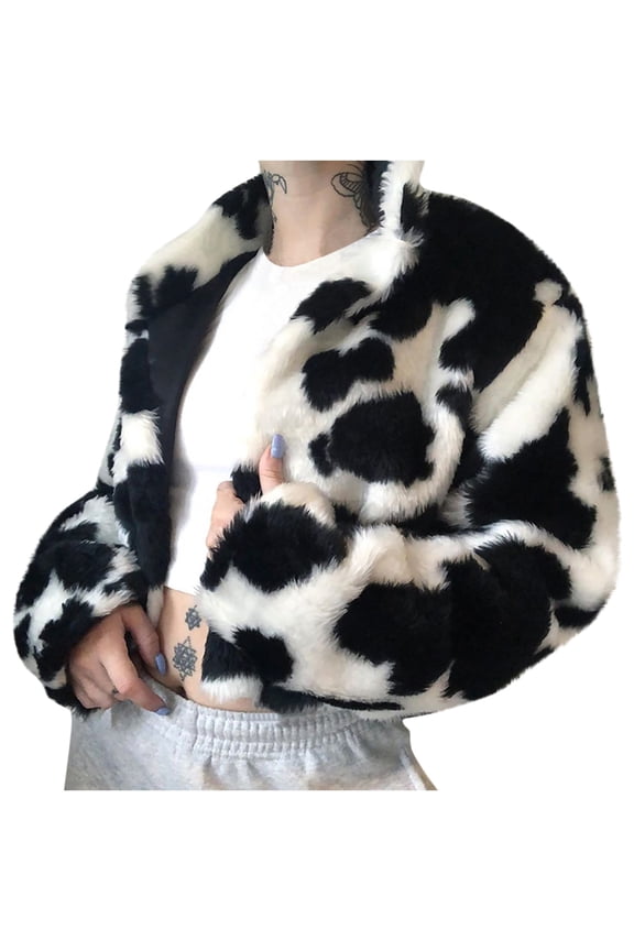 Winter Cropped Fleece Jackets for Women on Clearance,Cute Cow Print Teen Girls Open Front Cardigan Coats Long Sleeve Stand Collar Fuzzy Sherpa Jacket Y2K Short Trendy Tops