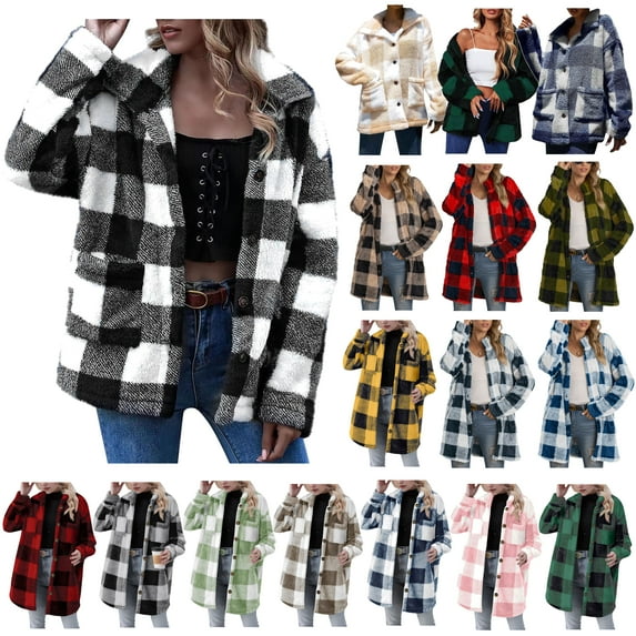 DDAPJ pyju Winter Fleece Coats for Women Trendy Plaid Printed Lapel Neck Button Up Fuzzy Sherpa Jacket with Pockets Summer Savings Blue XXXL
