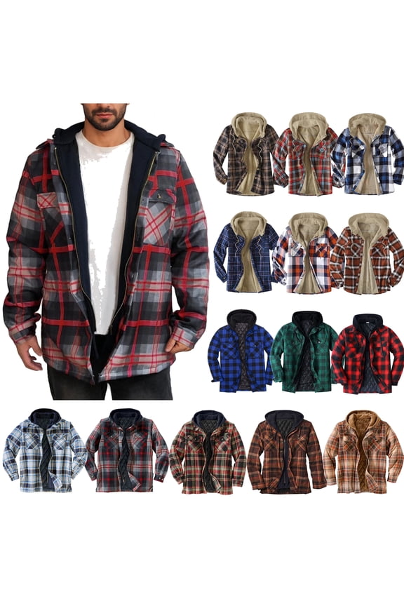 Winter Jackets for Men Quilted Lined Hoodie Jacket Long Sleeve Zip Up Western Plaid Jackets Soft Warm Outdoor Work Coat with Pockets Khaki L