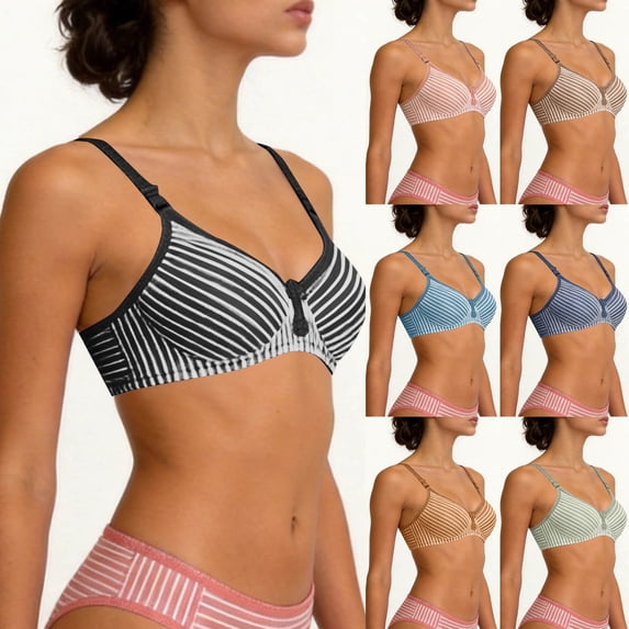 DDAPJ pyju Wireless Bras for Women Striped Bralettes Seamless Push Up Full Coverage Bras Adjustable Straps Comfortable Everyday Bra Lightly Lined Gray 32