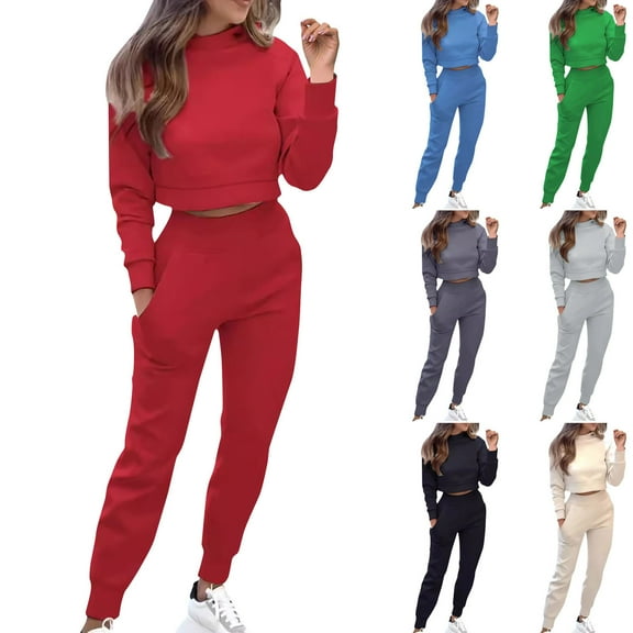 DDAPJ pyju Women 2 Piece Outfits Solid Sweatsuits Sets Long Sleeve Crop Top Jogger Sweatpants Casual Tracksuits Set Beige XXL