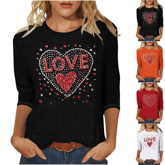 DDAPJ pyju Women 3/4 Sleeve Tops and Blouses, Valentines Day 3/4 Sleeve T Shirts for Women, Valentine's Day 3/4 Sleeve Tee Shirts for Women, Heart Graphic Tee Tops Red XXXL