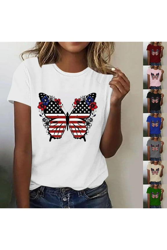 Women 4th of July Short Sleeve Shirts American Flag Patriotic T-Shirts USA Star Stripes Graphic Tee Tops Lightning Sales Gray M