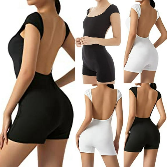 DDAPJ pyju Women Backless Romper Open Back Unitard Romper One Piece Shorts Bodysuit Playsuit Stretch Workout Jumpsuit Todays Daily Sales White L