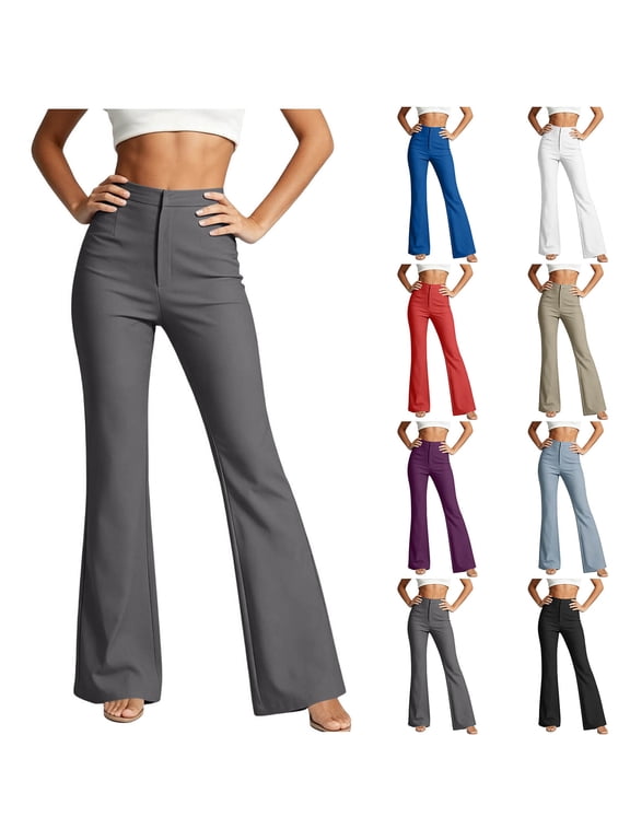 Women Bootcut Dress Pants Business Casual Work Pants with Pockets High Waist Stretchy Trousers Pull On Office Slacks Gray M
