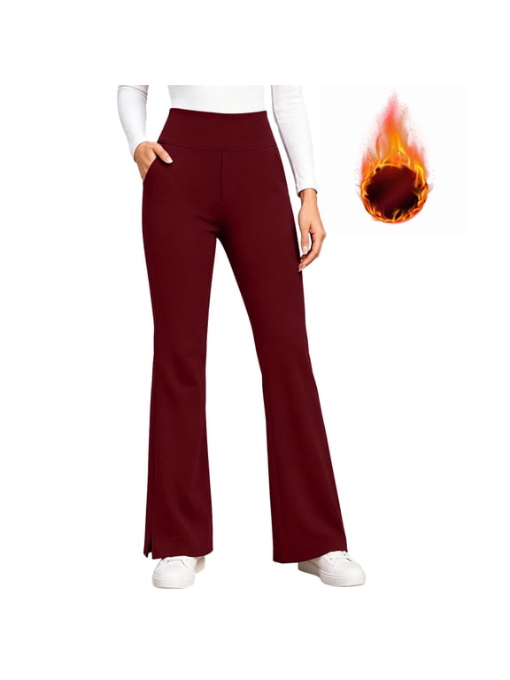 Women Bootcut Yoga Pants Fleece Lined Flare Leggings High Waisted Stretch Bell Bottom Thermal Winter Hiking Pants with Pockets S