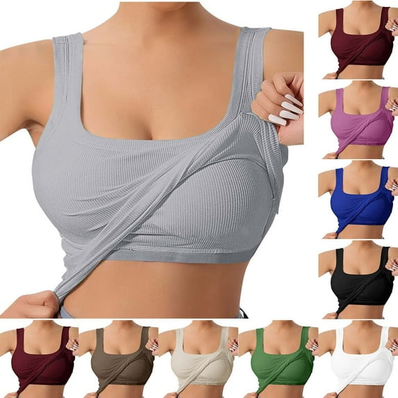DDAPJ pyju Women Built-in Bra Tank Tops Ribbed Knit Undershirt Shelf Bra Camisoles Sleeveless Gym Workout Yoga Tops Basic Layer Camis Holiday Sales White S