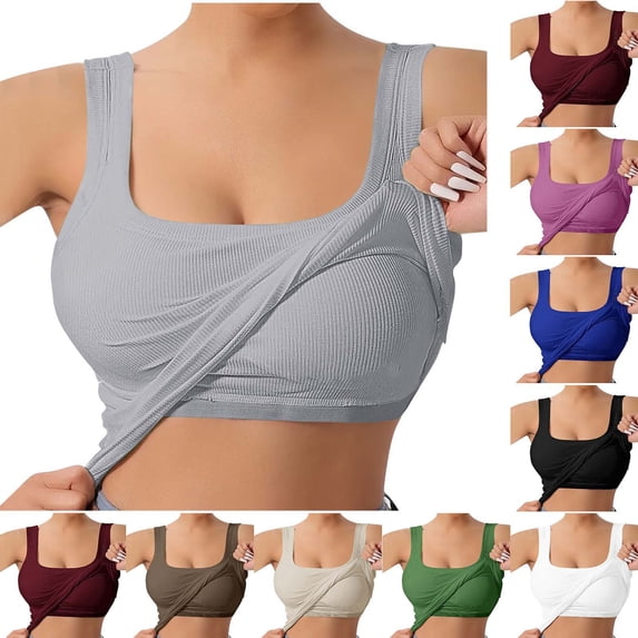 DDAPJ pyju Women Built-in Bra Tank Tops Ribbed Knit Undershirt Shelf Bra Camisoles Sleeveless Gym Workout Yoga Tops Basic Layer Camis Prime Sales Brown S