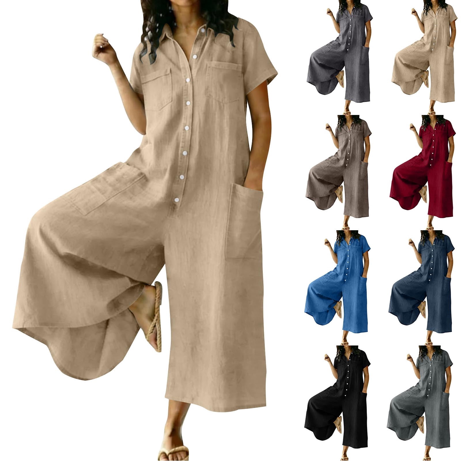 DDAPJ pyju Women Button Down Jumpsuits Cotton Linen Short Sleeve Wide ...