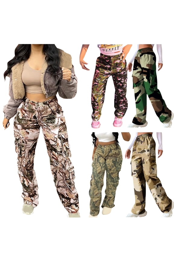 Women Camouflage Cargo Pants High Waisted Straight Wide Leg Trousers Lightweight Army Fatigue Pants with Multi Pockets Pink L