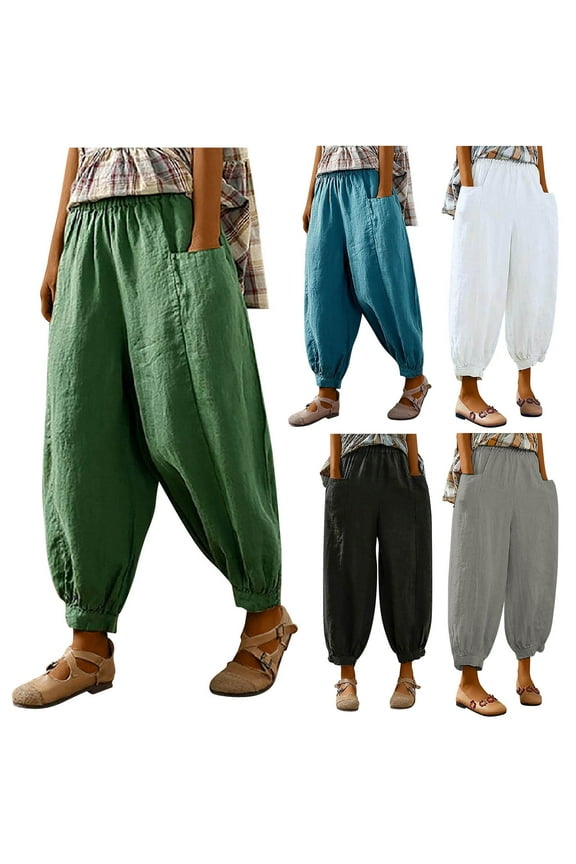 Women Casual Beam Foot Pants Cotton Linen Harem Pants Elastic Waist Comfy Lounge Trousers Plus Size Solid Summer Pant with Pockets White XXXXL