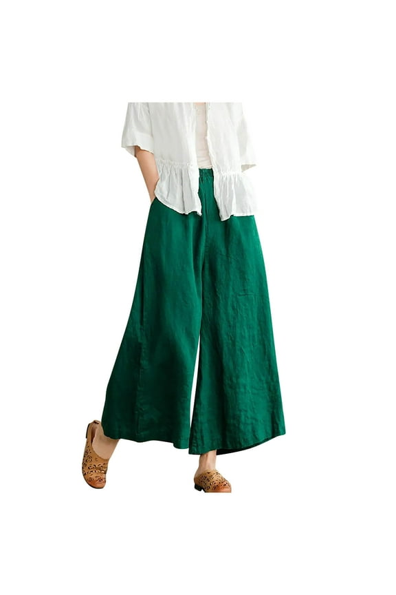 Women Casual Linen Pants,Palazzo Wide-Leg Drawstring Loose Crop Elastic Waist Cotton Beach Pants Culottes Trousers