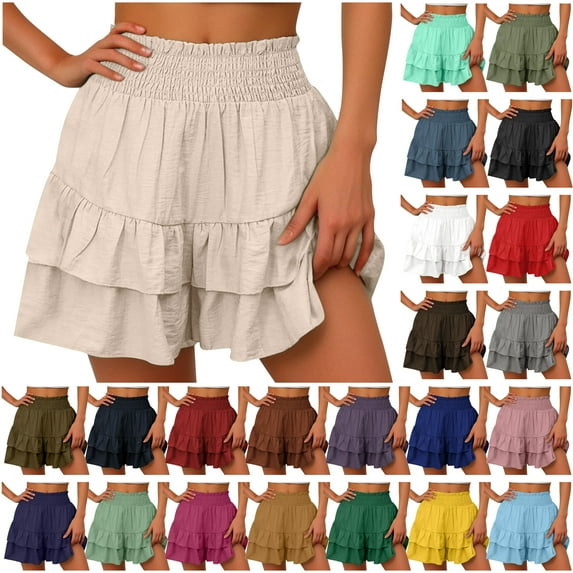 DDAPJ pyju Women Casual Ruffle Shorts High Rise Bermuda Short Pant Trendy Flowy Shorts Summer Holiday Beach Pleated Mini Skirt Purple XXL