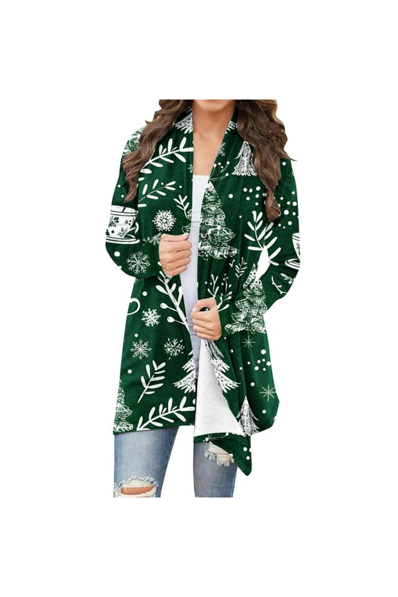 Women Christmas Cardigan Xmas Tree Plaid Shirt Long Sleeve Open Front Outwear Lightweight Duster Coat Holiday Top Multicolor S