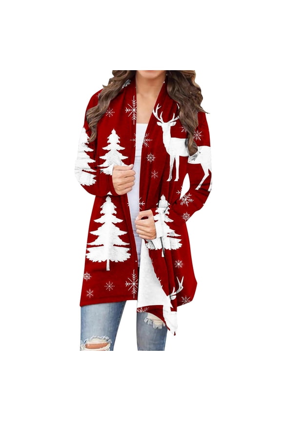 Women Christmas Cardigan Xmas Tree Plaid Shirt Long Sleeve Open Front Outwear Lightweight Duster Coat Holiday Top Red XXXL