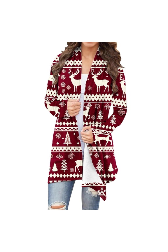 Women Christmas Cardigan Xmas Tree Plaid Shirt Long Sleeve Open Front Outwear Lightweight Duster Coat Holiday Top Wine S