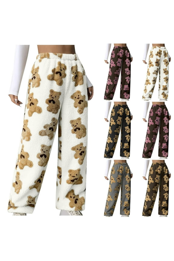Women Cute Fleece Pajama Pants Winter Warm Fuzzy Plush Teddy Pants Bear Graphic Trousers Thermal Joggers Loungewear Gray L