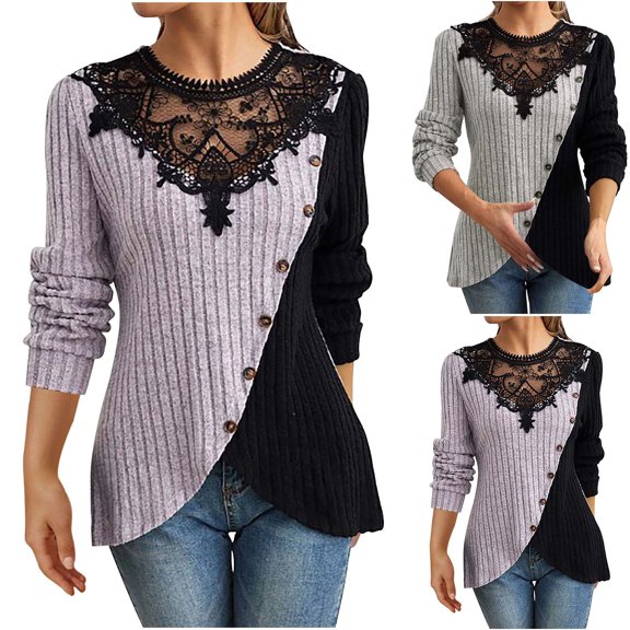DDAPJ pyju Women Dressy Casual Tops Lace Patchwork Ribbed Knit Long Sleeve Shirts Trendy Going Out Tops Buttons Irregular Hem Tunics on Sale Purple S