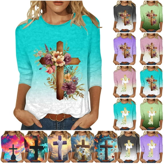 DDAPJ pyju Women Easter 3/4 Sleeve Crewneck Tops Jesus Cross Printed Christian T-shirts Loose Fit Dressy Casual Pullover Blouse Light Blue S