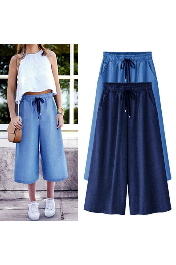 Women Elastic Waist Wide Leg Capris Cropped Denim Pants Jeans Palazzo Culottes with Pockets Limited Time Sales Dark Blue L