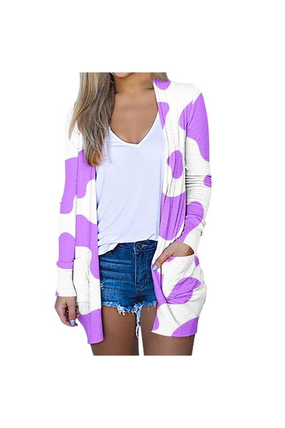 Women Fashion Cardigan 2023,Open Front Long Sleeve Drape Cardigans Cow Print Casual Kimono Tops Loose Comfy Holiday Coats with Pockets