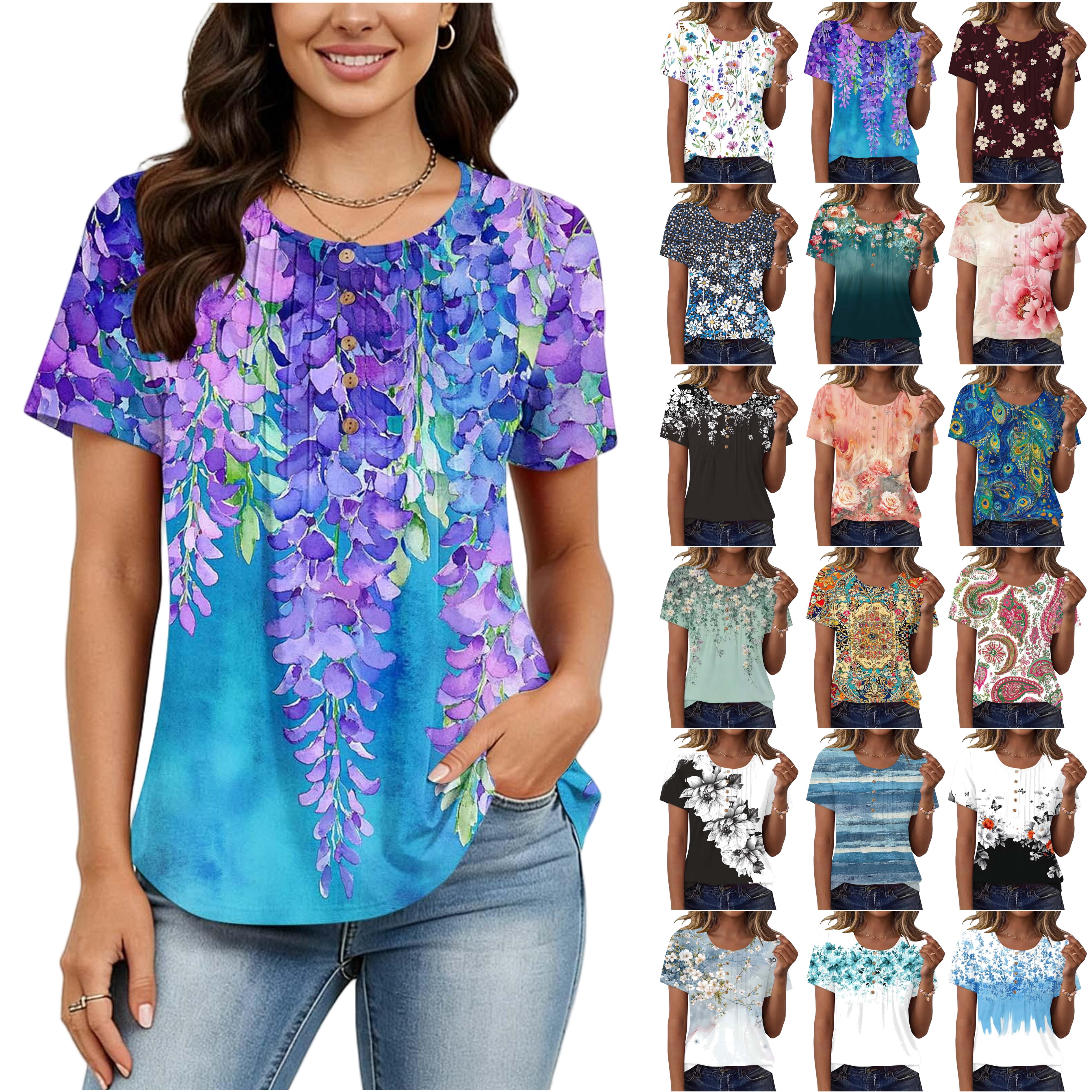 DDAPJ pyju Women Floral Boho Summer Tops 2026 Short Sleeve Henley ...