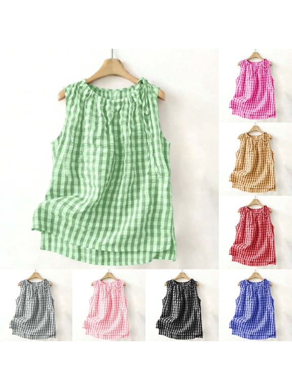 Women Gingham Tank Top Side Split Sleeveless Shirts Flowy Casual Beach Blouse 2026 Summer Vacation Clothes Green S