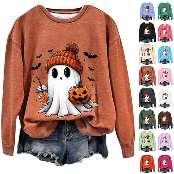 DDAPJ pyju Women Halloween Ghost Sweatshirt Cute Spooky Graphic Pullover Top Pumpkin Print Funny Crewneck Sweatshirts Purple XXL