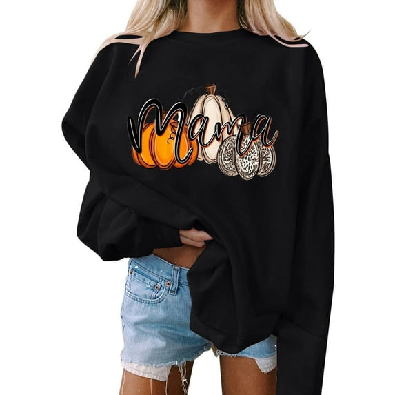 DDAPJ pyju Women Halloween Pumpkin Sweatshirts,Lightweight Party Sweatshirt Mama Letter Print Long Sleeve Crewneck Cute Pullover Tops Womens Fall Fashion 2024
