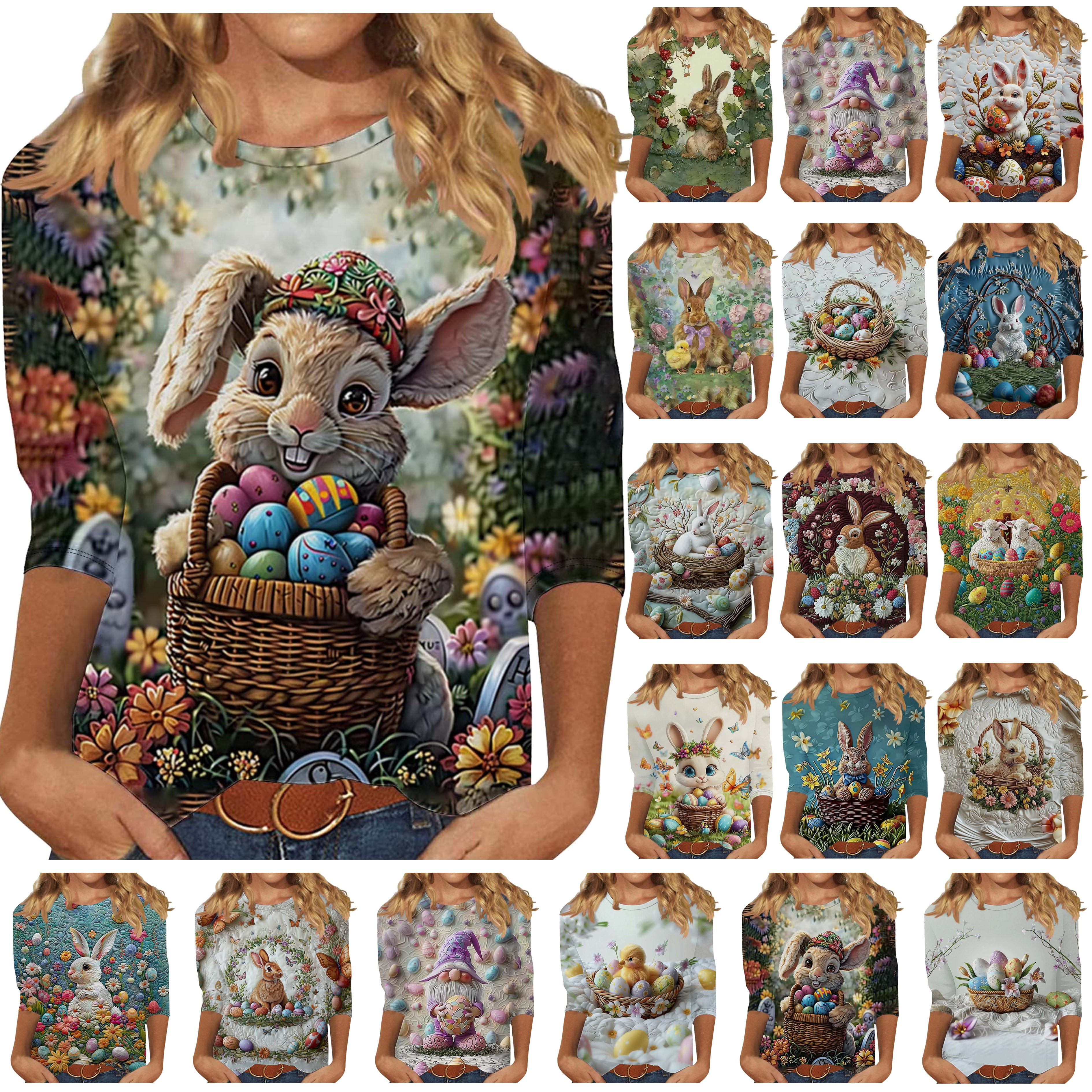 DDAPJ pyju Women Happy Easter 3/4 Sleeve Shirts Funny Bunny T-Shirt 3D ...