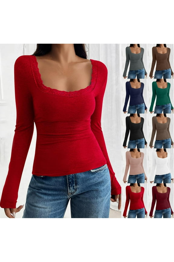 Women Lace Trim Long Sleeve T-Shirts Y2k Aesthetic Slim Fit Crop Tops Ribbed Knit Square Neck Tees Teen Girls Casual Streetwear Green S
