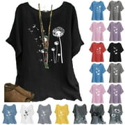 DDAPJ PYJU Women Lightweight Gauze Shirt,Draped Tunic for Women Oversized Short Sleeve Cotton Linen Shirts Casual Print Blouse Summer Bohemian Tops