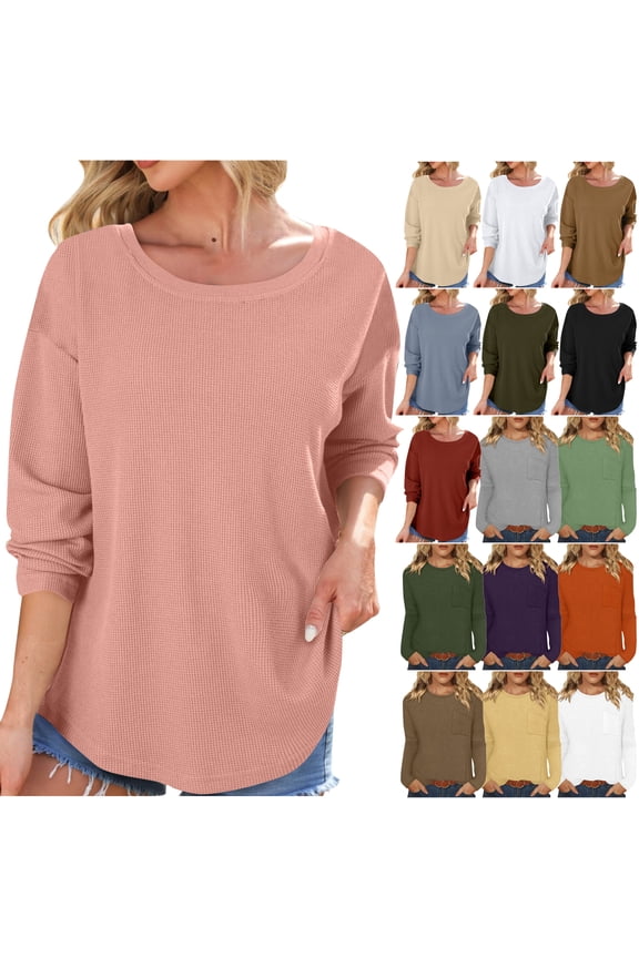 Women Long Sleeve Tops Waffle Knit Shirts Loose Casual Mid-length Crewneck T Shirts Solid Casual Athletic Tee Top Gray S
