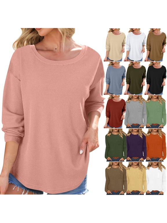 Women Long Sleeve Tops Waffle Knit Shirts Loose Casual Mid-length Crewneck T Shirts Solid Casual Athletic Tee Top Pink XXL