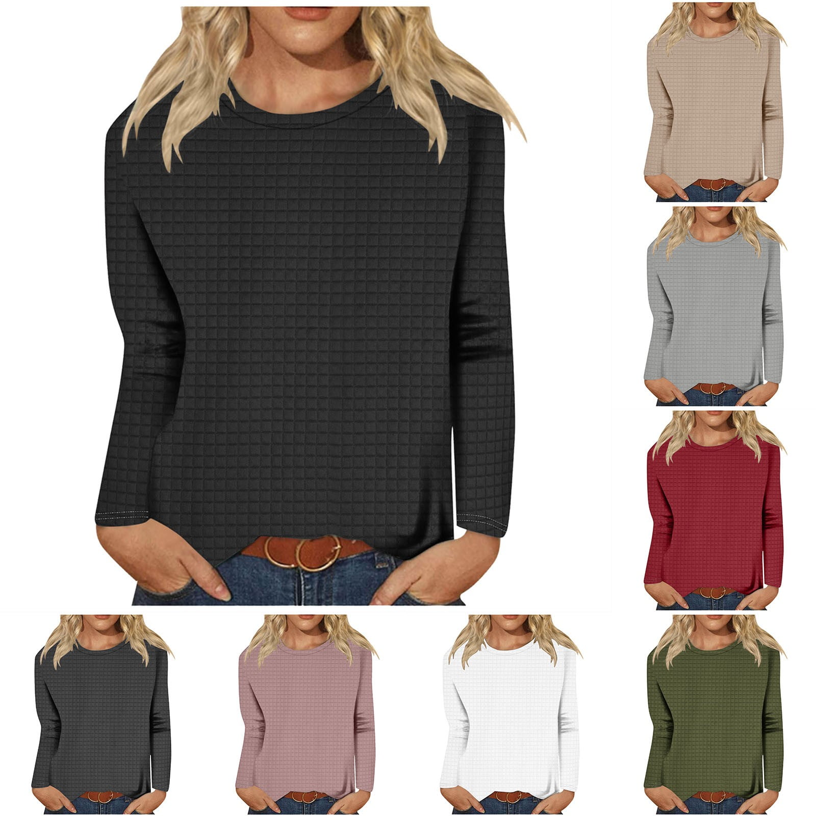 DDAPJ pyju Women Long Sleeve Tops Waffle Knit Shirts Loose Casual Mid ...