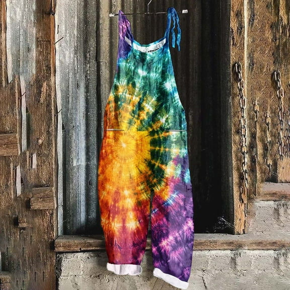 DDAPJ pyju Women Mardi Gras Overalls Tie Dye Print Casual Loose Sleeveless Rompers Tuesday Carnival Party Jumpsuit Adjustable Strap One Piece Jumpsuits Today's Sales Multicolor XXL