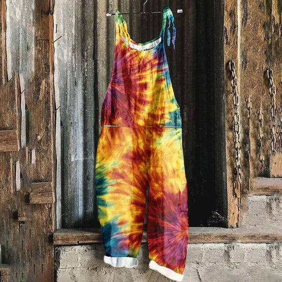 DDAPJ pyju Women Mardi Gras Overalls Tie Dye Print Casual Loose Sleeveless Rompers Tuesday Carnival Party Jumpsuit Adjustable Strap One Piece Jumpsuits Clearance Sale Multicolor L