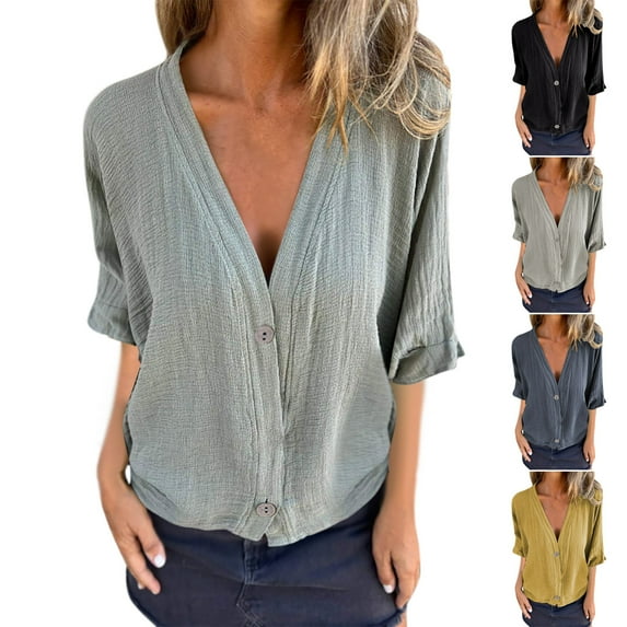 DDAPJ pyju Women Oversized Button Down Shirt Short Sleeve V-Neck Textured Blouse Cotton Linen Casual Summer Tops Limited Time Sales Yellow M