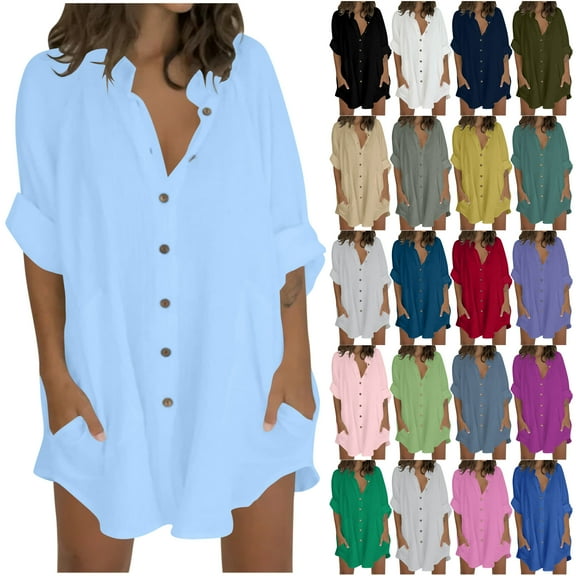 DDAPJ pyju Women Oversized Button Down Shirts 3/4 Sleeve Boyfriend Dress Shirt Long Collared Blouse with Pockets Liquidación de hoy Light Green L